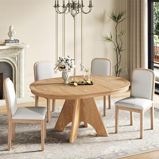 Merax Vintage Extendable Dining Table Set for 4-6 People, Rustic Farmhouse Kitchen Table with 4 Upholstered Chairs, 42 to 58 Inch Drop-Leaf Table with Distressed Finish, Natural Wood Wash