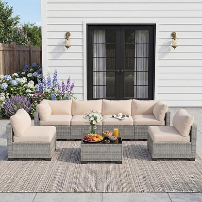 Patio Furniture Set, 7-Piece Outdoor Sectional Couch with Coffee Table & Thick Cushions, Outdoor Wicker Conversation Set for Backyard, Poolside, Garden (Grey White-White, 7 Piece-Single)