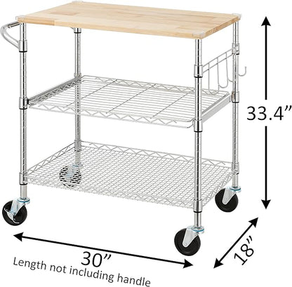 Finnhomy 3-Tier Rolling Kitchen Cart With 18" D x 30" W Oak Wood Tabletop, Kitchen Island With 4" Wheels and Slider Shelf, Microwave & Coffee Cart With Hooks for Dining Room, Chrome