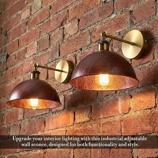 Dome Metal Wall Sconce, 180° Adjustable Industrial Wall Lamp for Bedside, Study, Kitchen, and Living Room Décor. (Rustic Red.)