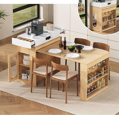Harper & Bright Designs Extendable Kitchen Island Dining Table with Folding Tabletop, Mobile Bar Table with Drawers, Power Outlet & Wheels, Sideboard for Dining Room & Kitchen (Natural+Creamy White)