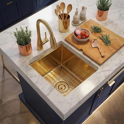 LQS Gold Undermount Bar Sink, Gold Wet Bar Sink and Deep Kitchen Sink 15" x 17" RV Sink, 16 Gauge Stainless Steel Kitchen Sink with Brushed Finish For RV, Laundry, Outdoor and Prep Use, 10" Depth