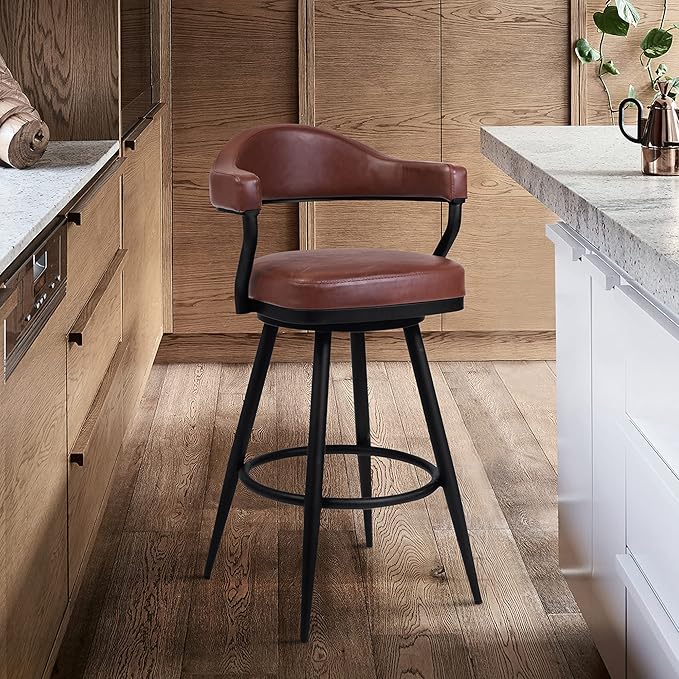 Armen Living Justin Modern Farmhouse 26" Seat Height Swivel Vintage Coffee Faux Leather Bar Stool with Black Metal Legs for Kitchen Island Counter