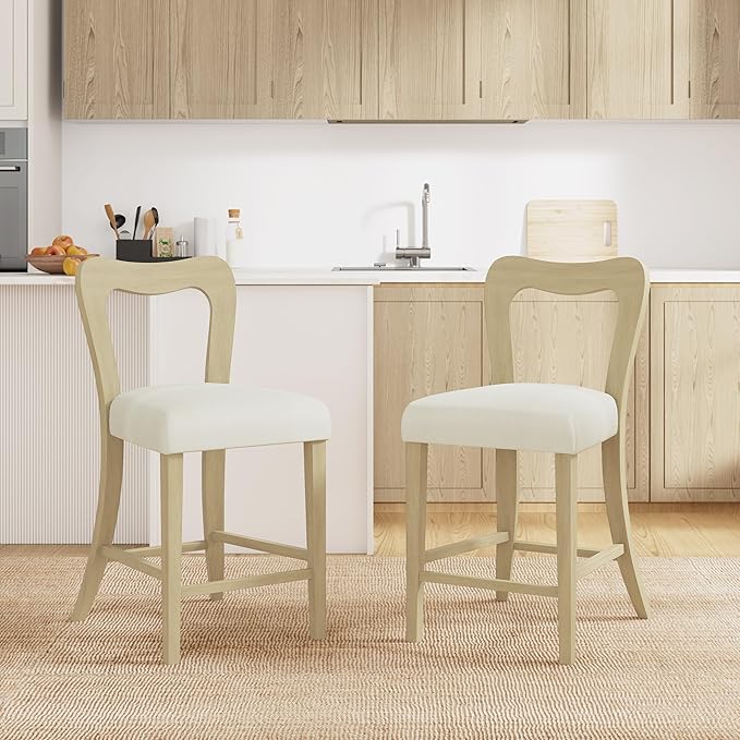 Counter Stools Without Arms Set of 2 (Light Ash + Beige) - Solid Rubberwood Frame & Fabric Seat, Ergonomic Curved Back, 300LBS Capacity for Kitchen Island, Dining Room, Home Bar