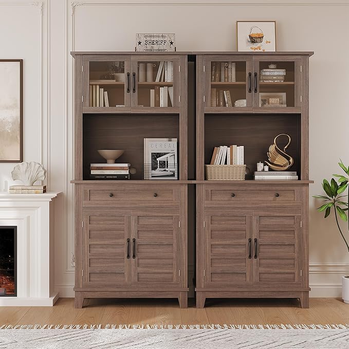 Garvee 72 in Tall Kitchen Pantry Cabinet, Kitchen Hutch Bar Cabinet with Microwave Stand, Cupboard with Drawers Glass Doors for Dining Room, Living Room, Brown