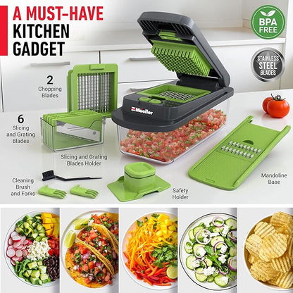 Mueller Pro-Series 10-in-1, 8 Blade Vegetable Chopper, Onion Mincer, Cutter, Dicer, Egg Slicer with Container, French Fry Cutter Potato Slicer, Home Essentials, Salad Chopper,Gray/Green
