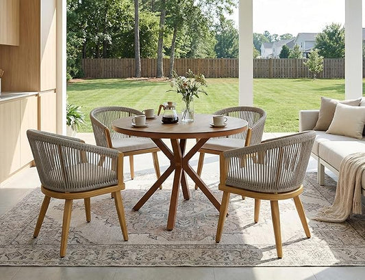 PURPLE LEAF 5-Piece Patio Dining Set Outdoor Furniture Deep Teak Round Table and Chairs with Cushions Teak-Finish Aluminum Frame All-Weather Wicker for Garden Deck Backyard Kitchen
