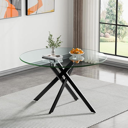 Pvillez 47.2“ Round Dining Table for 4, Contemporary Tempered Glass Dining Table, Small Dinner Table with Black Cross Metal Base, Round Clear Kitchen Table Writing Desk for Dining Kitchen