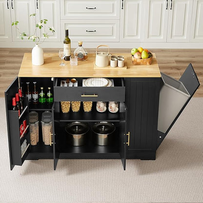 GOWE 53'' Kitchen Storage Islands with Drawers and Trash Can Storage for Kitchen & Dining. Modern Farmhouse Design, Black, 53.2" W x 20.9" D x 38.0" H.