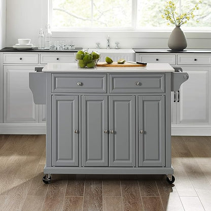 Crosley Furniture Full Size Stone Top Rolling Kitchen Island Storage Cart, Microwave Stand, Spice Rack, Gray