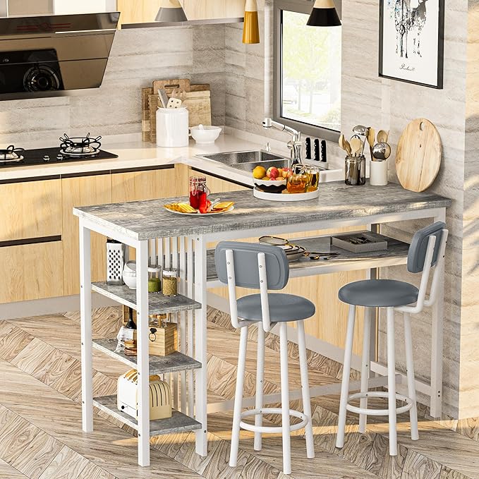 DKLGG Bar Table and Chairs Set for 2, 3-Piece Counter Height Dining Table with Stools, Hightop Kitchen Island Table with Storage Shelves for Kitchen, Bar, Pub, Bistro