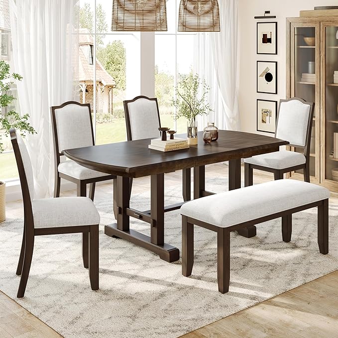 Ball & Cast Farmhouse Dining-Chairs Set of 4, High Back Wood Frame Dining Room Chair with Padded Seat, Modern Upholstered Kitchen Island Seating, 4 Pack Mid-Century Chairs, Brown&Beige