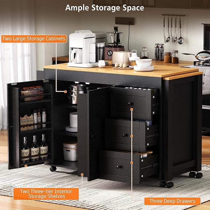 GOWE K&K 74.8" Kitchen Island with Extendable Dining Table, Kitchen Storage Cart with 3 Drawers, Power Outlet, Rolling Kitchen Island on Wheels with Spice Rack and 2 Door Cabinet, for Kitchen, Black
