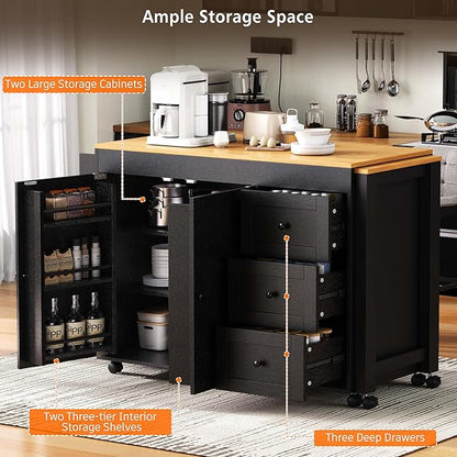 GOWE K&K 74.8" Kitchen Island with Extendable Dining Table, Kitchen Storage Cart with 3 Drawers, Power Outlet, Rolling Kitchen Island on Wheels with Spice Rack and 2 Door Cabinet, for Kitchen, Black