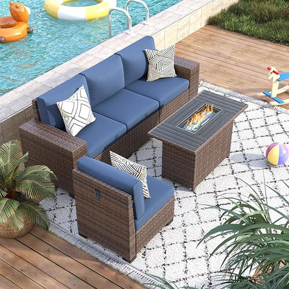 5 Piece Patio with Fire Pit Table, Wide Armrest Modular Outdoor Conversation Brown PE Wicker Rattan Sectional Sofa, 4" Thickened Cushion, Navy Blue