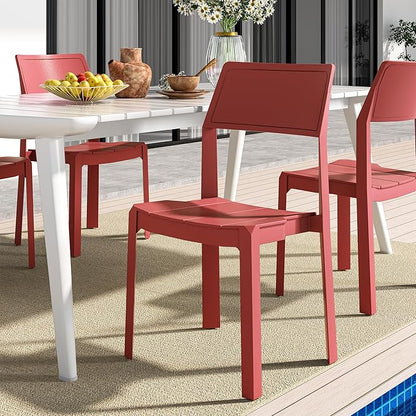 VECELO 4 Pack Plastic Dining Chairs, Stackable Patio Chairs for Indoor Outdoor Use in Kitchen, Poolside, No Assembly Required, Red