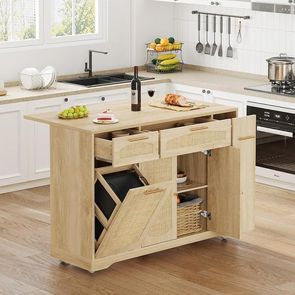IDEALHOUSE 53.1" Rattan Kitchen Island with Storage, Rolling Dining Cart with Trash Storage Cabinet, Mobile Island Cart with Drop Leaf, Adjustable Shelves, Drawer, 5 Wheels (Natural)