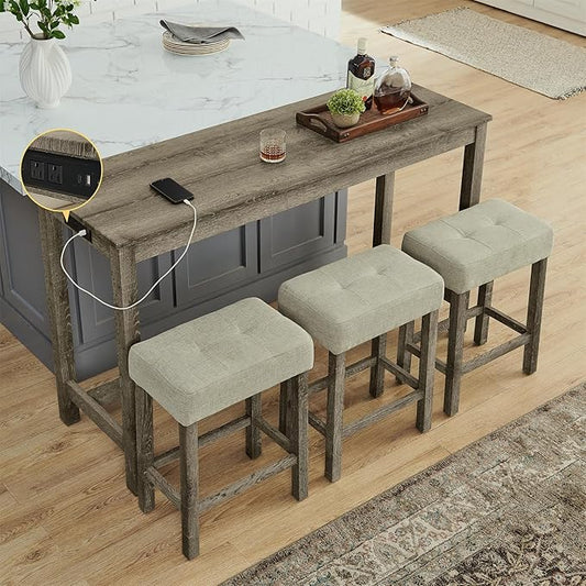 Merax 59" Bar Table Set with Power Outlet,Industrial Breakfast Table with 3 Upholstered Stools w/Footrest,4 Piece Counter Height Bar Table and Chair Set for Living Room,Dining Room,Kitchen,Brown