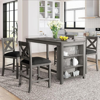 VilroCaz Farmhouse 5-Piece Dining Set, Compact Bar Pub Table With 3-Tier Shelf, Wooden Counter Height Table for 4, Perfect for Small Kitchen Dining Room (Gray-4 Chairs)