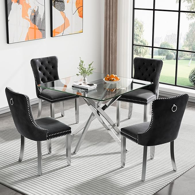 36" Square Dining Table for 4, Modern Clear Glass Kitchen Table for 4 with Silver X Metal Legs, Contemporary Small Glass Dining Room Leisure Tables for Kitchen Apartment