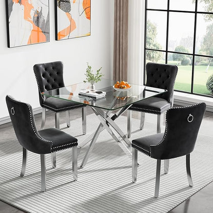 36" Square Dining Table for 4, Modern Clear Glass Kitchen Table for 4 with Silver X Metal Legs, Contemporary Small Glass Dining Room Leisure Tables for Kitchen Apartment