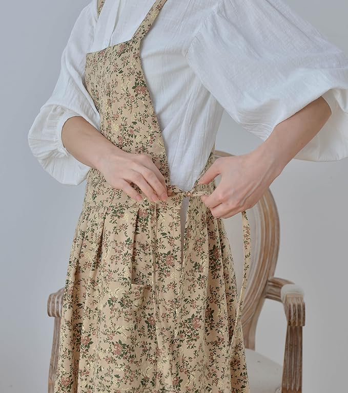 Japanese Cotton Linen Cross Back Apron with Pockets,Fashion Pinafore Dress for Gardening Painting Cleaning Cooking