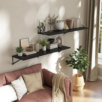 Acovy Deep Floating Shelves Wall Mounted, 48"x12" Black Wall Shelves with Brackets Set of 2 for Bedroom, Living Room, Bathroom, Kitchen, Office - Storage & Display Shelf for Decor, Books, Plants
