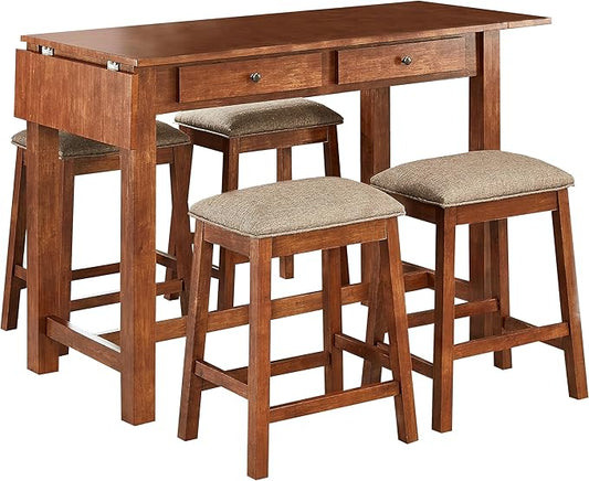 GTU Furniture 5-Piece Elegant Wood Veneer Counter High Top Kitchen Dining/Bar Extendable Brown Table with Barstools(1xTable+4xBarstool)