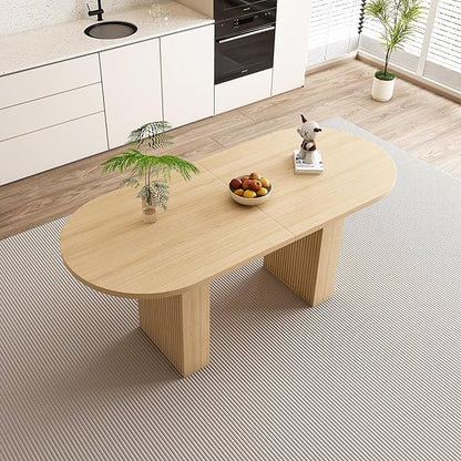 63" Water-Resistant Island Table, Rustic Dining Table with Wood Strip Base, Mid Century Dining Table with Spacious Oval Design for Home, Burly Wood