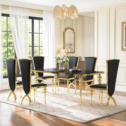 Glass Dining Table Set for 6, Luxurious 70 Inch Rectangular Glass Kitchen Table with 6 Black High Back Leather Chairs, for Dining Room, Restaurant, Living Room (Black Top)