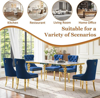 7 Piece Glass Dining Table Set, Modern 70 Inch Gold Rectangular Glass Kitchen Table, 6 Blue Exquisite Velvet Cushion Chairs for Living Room, Restaurant (White-Top)