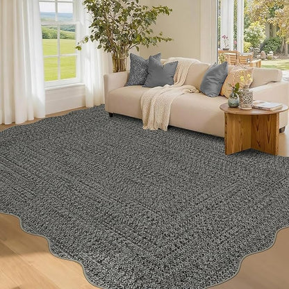 Imitation Braided Collection-Print Living Room Rug 5x7 Washable Rug for Bedroom Scalloped Non Slip Small Soft Throw Rugs Low Pile Stain Resistant Carpet for Entryway Office Nursery Dining Room