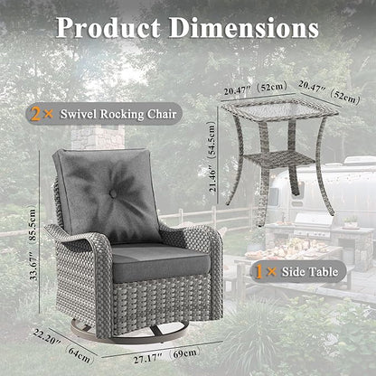 2-Seat Modern Patio Furniture Set with Swivel Rocking Chairs, Thick 4″ Cushions, Dual-Strand Wicker Rattan, Rust-Resistant Steel Frame – Outdoor Conversation & Modular Sectional,Black