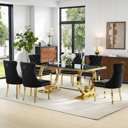 7-Piece Modern Luxury Dining Table Set, 70" Black Tempered Glass Dining Table with Gold Polished Stainless Steel U-Shaped Pedestal Base, 6 Black Velvet Upholstered Chairs, for Dining Room, Office