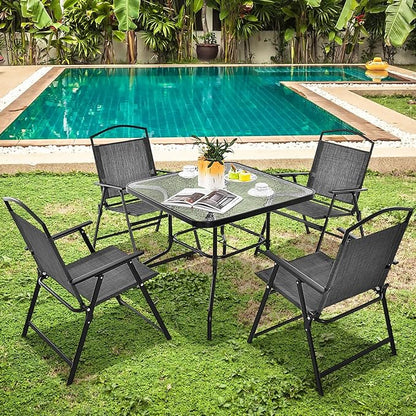 Giantex 34 Inch Outdoor Dining Table, Square Tempered Glass Table w/ 1.5” Umbrella Hole, Rustproof Metal Frame, Patio Dining Table for Balcony, Porch, Garden