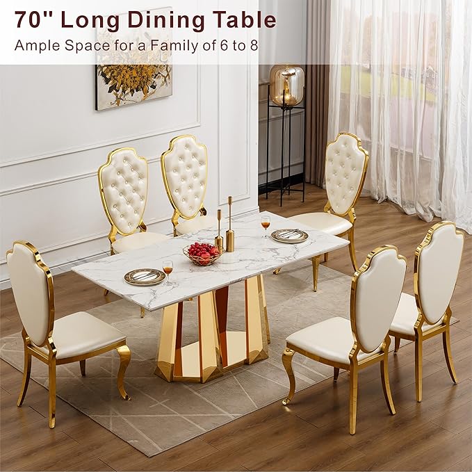 70" Marble Dining Table for 6-8, Modern Luxury Gold Rectangular Large Kitchen Table, Marble Grain MDF Tabletop & Stainless Steel Base, Dinner Furniture for Kitchen Dining Room, Meeting Room, White