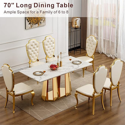 70" Marble Dining Table for 6-8, Modern Luxury Gold Rectangular Large Kitchen Table, Marble Grain MDF Tabletop & Stainless Steel Base, Dinner Furniture for Kitchen Dining Room, Meeting Room, White