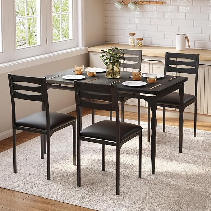 GarveeHome 5 Piece Dining Table Set, Industrial Style Dining Table and Chairs Set for 4, Kitchen Table Set for Dining Room Kitchen Apartment, Black