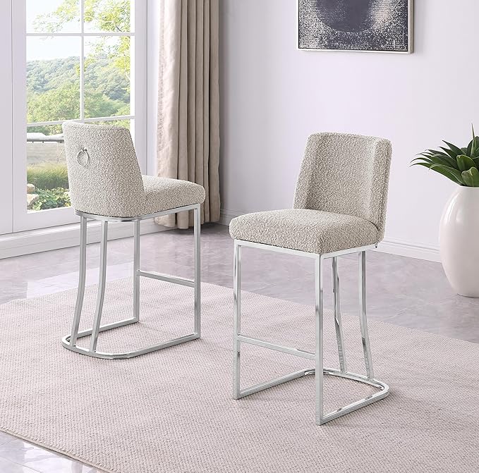 Modern Chairs Set of 2, Chrome Side Chairs & Counter Stools with Ring Pull Back, Luxury Upholstered Chairs for Kitchen Island, Dining Room & Home Bar (Boucle, Gray/Silver, Counter Height Chair)