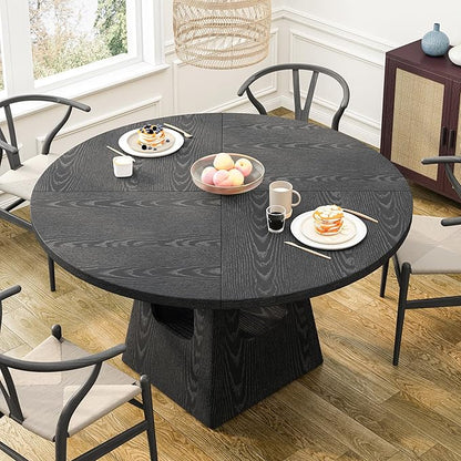 JOSHEN 47" Round Rustic Dining Table, Kitchen Table with Storage Shelf, Dinner Tables with Solid Wood Frame for Home Dining, Black