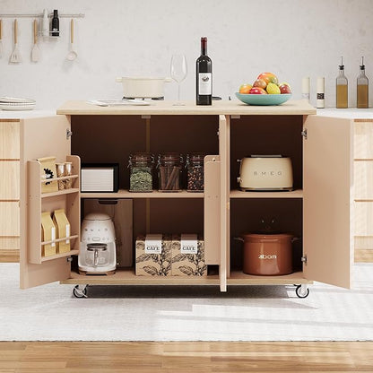 RUNNA 51.2" W Ash Veneer Solid Wood Handwoven Kitchen Island with Drop Leaf, Coastal Kitchen Island on Wheels with Internal Storage Rack, Rolling Kitchen Cart (Natural Wood#016)