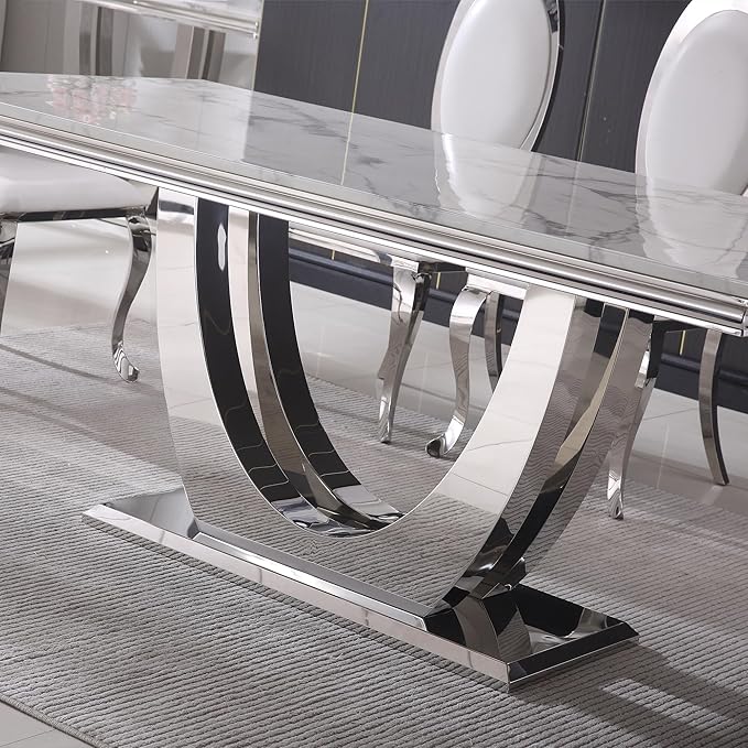Modern Dining Table for 6-8, 68 Inch White Marble Kitchen Table with Silver Mirrored U-Shape Base, Luxurious Rectangular Faux Marble Dining Room Table for Dining Room,Living Room