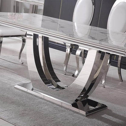 Modern Dining Table for 6-8, 68 Inch White Marble Kitchen Table with Silver Mirrored U-Shape Base, Luxurious Rectangular Faux Marble Dining Room Table for Dining Room,Living Room