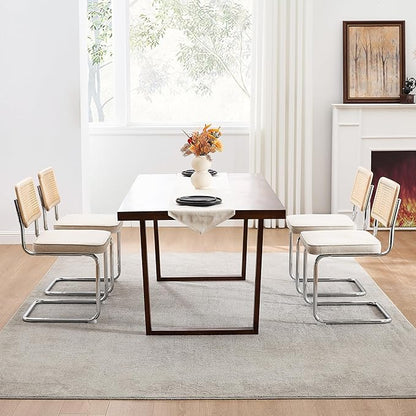 Zesthouse Natural Rattan Dining Chairs Set of 6, Mid Century Cane Dining Room Chairs with Solid Wood Back & Chrome Base for Kitchen, Breuer Design Inspired, Upholstered Linen Fabric, Beige