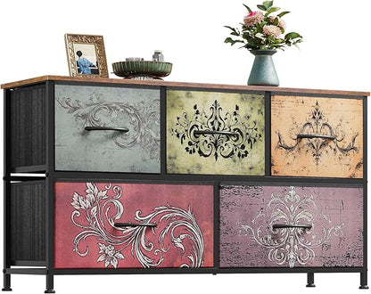 WLIVE Dresser for Bedroom with 5 Drawers, Wide Chest of Drawers, Fabric Dresser, Storage Organizer Unit with Fabric Bins for Closet, Living Room, Hallway, Pattern
