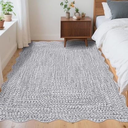 Imitation Braided Collection-Print 4x6 Rug Washable Area Rug Bedroom Rugs with Non Slip Rubber Backing, Farmhouse Soft Low Pile Rustic Accent Rug for Entrance Living Room Home Decor