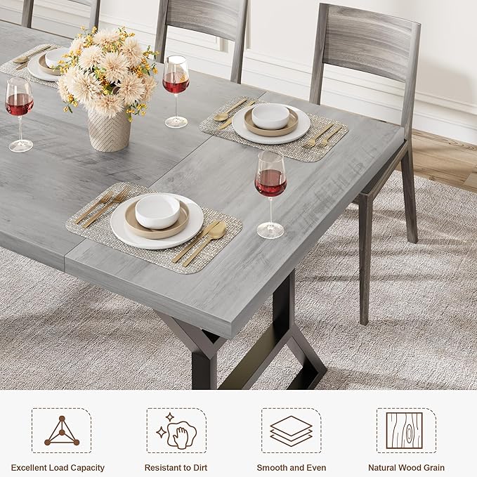 GarveeHome 70.9 in Large Dining Room Table for 6, Rectangular Kitchen Table with Heavy Duty Metal Legs, Farmhouse Wooden Dining Table for Big Family (Grey)