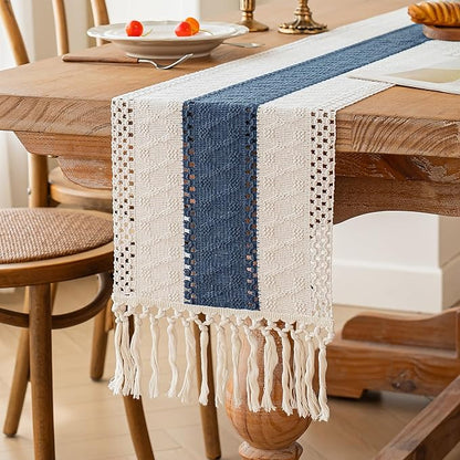 FEXIA Boho Table Runner for Home Decor with Tassels 60 Inches Long,Blue Farmhouse Rustic Table Runner Macrame Burlap Table Decoration for Living Room Bridal Shower(12x60 Inches)