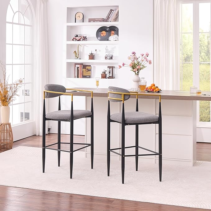 Modern Upholstered Accent Chair Set of 2 with Ergonomic Backrest,Gold Accented Armrests,Linen Fabric Seat,Black Metal Frame,Contemporary Seating for Dining Room,Kitchen Island (Grey,Bar Stool)