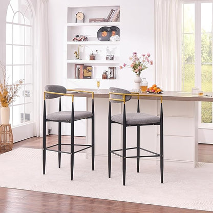 Modern Upholstered Accent Chair Set of 2 with Ergonomic Backrest,Gold Accented Armrests,Linen Fabric Seat,Black Metal Frame,Contemporary Seating for Dining Room,Kitchen Island (Grey,Bar Stool)